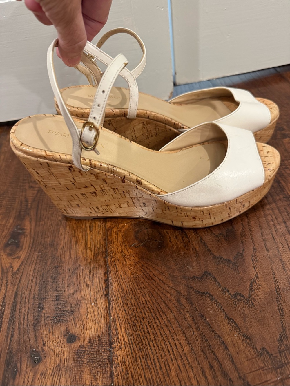 Stuart Weitzman Cream Leather Cork Wedge Sandals